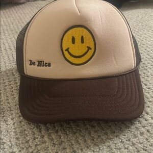 Brown and Cream Lalaland Trucker Hat with Smiley Face